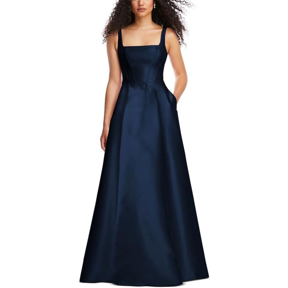 Alfred Sung Womens Navy Boned Bodice Square Neck Evening Dress Gown NWT
